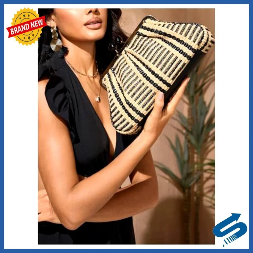 Woven Straw Evening Clutch Elegant Ruched Kiss Lock Dumpling Bag Formal